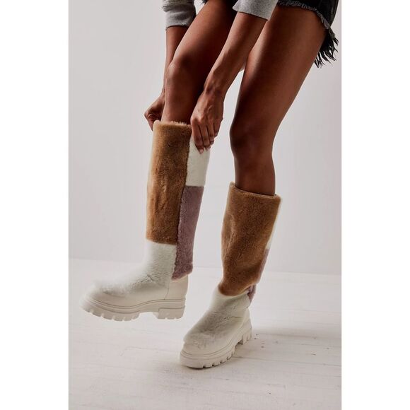 Free People Happy Thoughts Fur Shearling Paneled Colorblock Boots First Frost - Picture 3 of 4